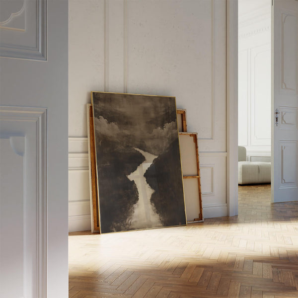 Japanese sumi e art featuring misty river in natural ink tones.