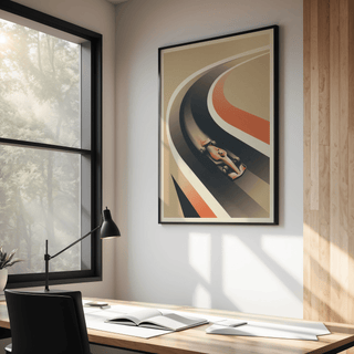 Graphic formula racing poster featuring wide sweeping arcs