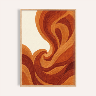 Framed print of abstract wave art in rust and ochre tones on cream background