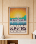 Close-up of Parque de el Retiro Madrid travel poster print with central column and water reflection