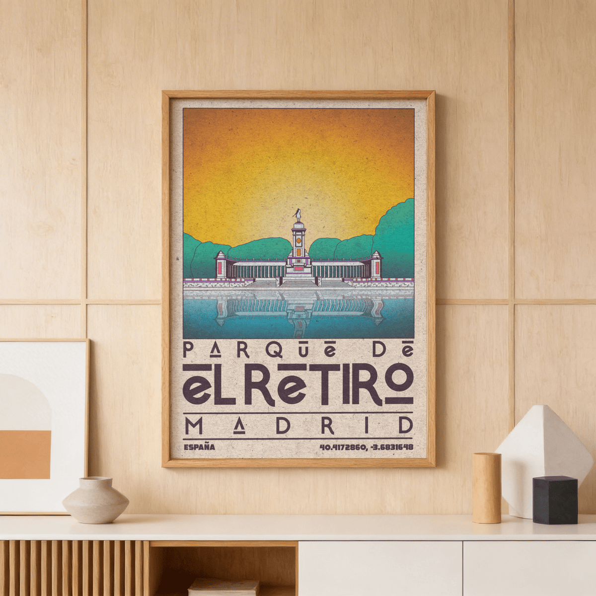 Close-up of Parque de el Retiro Madrid travel poster print with central column and water reflection