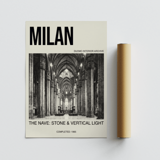 Minimal city headline poster with Milan and cathedral interior image
