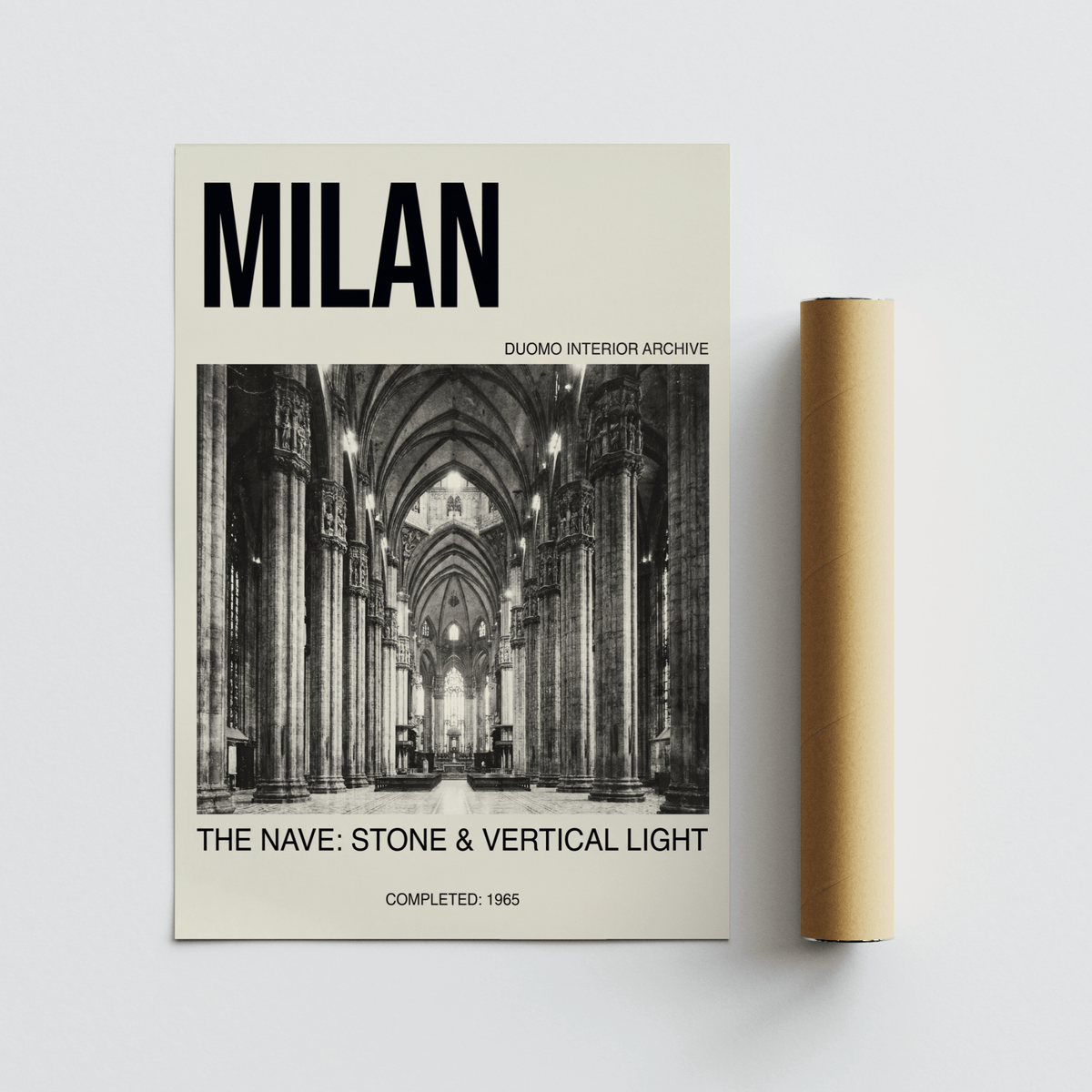 Minimal city headline poster with Milan and cathedral interior image