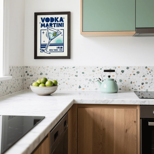 Vodka Martini Poster wall art, blue palette for cocktail bar interior