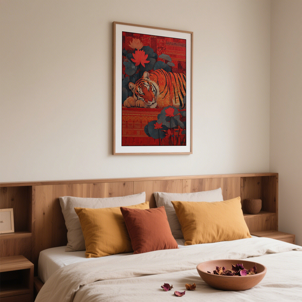 Decorative tiger artwork with folk-style motifs and rich pattern depth