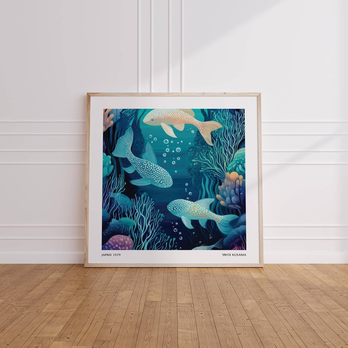Square-format wall art fish with patterned marine life elements