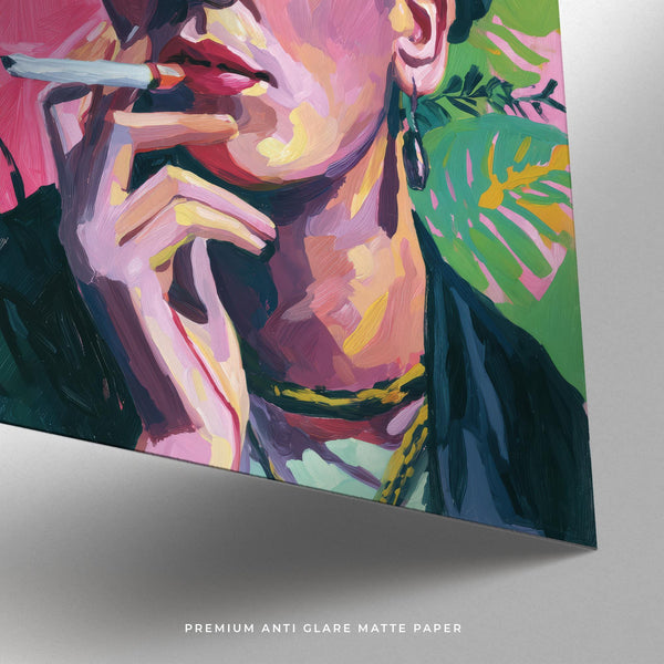 Close-up of Frida Kahlo painting with cigarette and vivid floral headpiece.