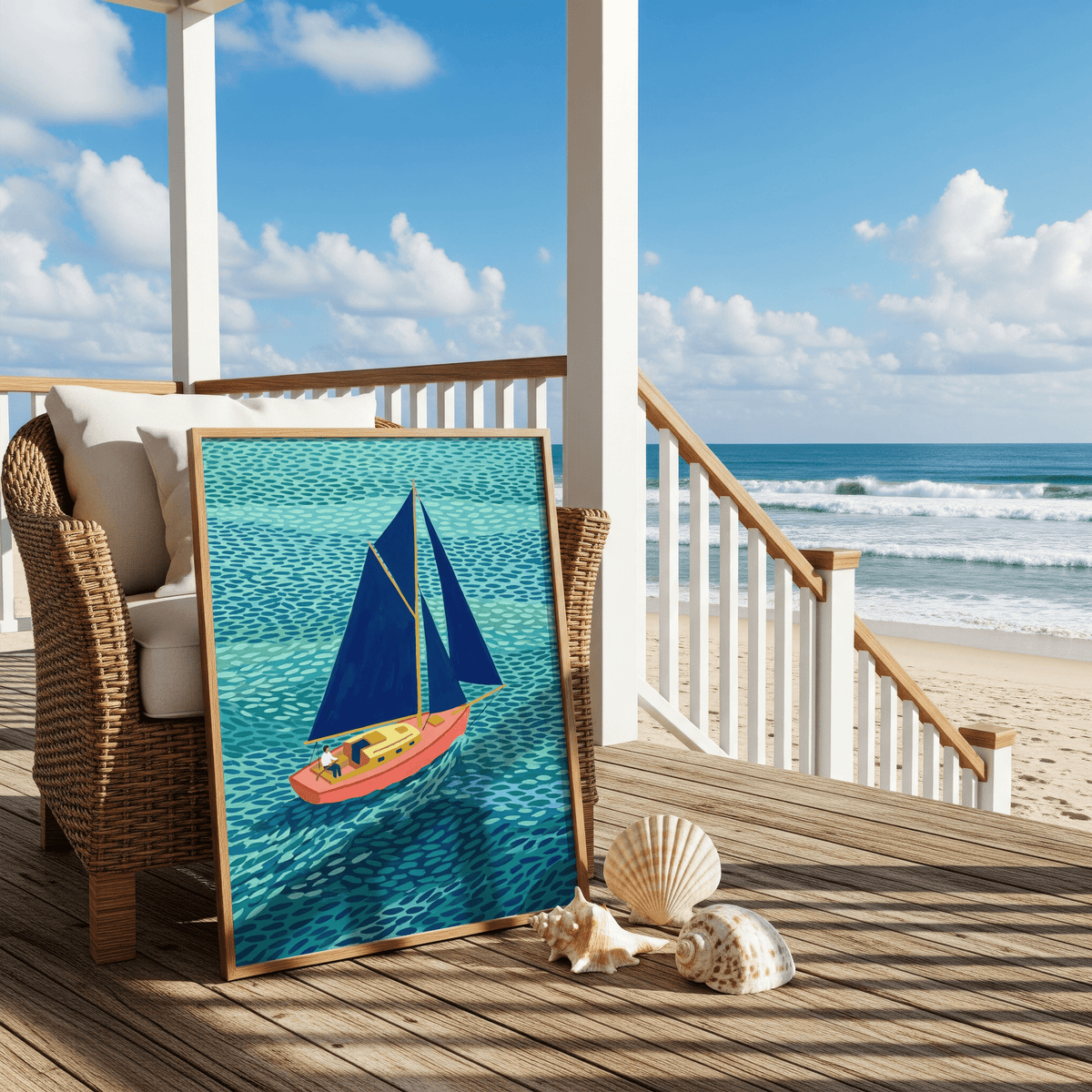 Colorful Sailboart Poster with Pink boat and Blue water for nautical hallway wall art