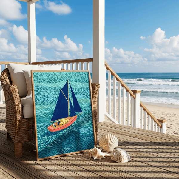 Colorful Sailboart Poster with Pink boat and Blue water for nautical hallway wall art