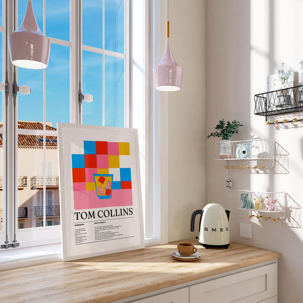 Retro bar art of Tom Collins recipe with bright pop color background.