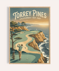 Torrey Pines Golf Wall Art poster with golfer teeing off above ocean cliffs
