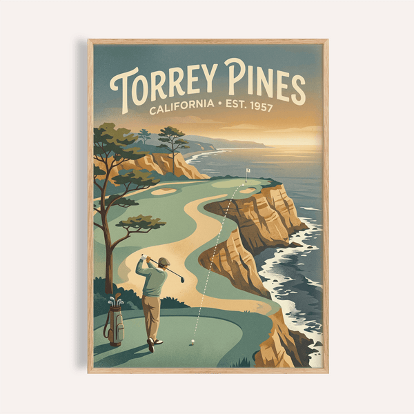 Torrey Pines Golf Wall Art poster with golfer teeing off above ocean cliffs