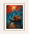 Kerala Wall Art poster of a houseboat on calm water with lily pads and a large sun