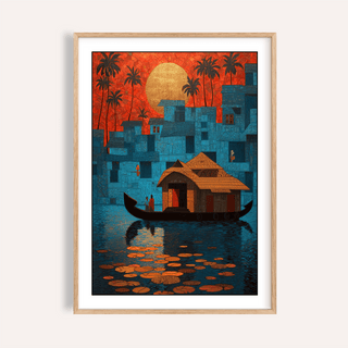 Framed Kerala wall art of a houseboat on water with blue buildings and orange sky