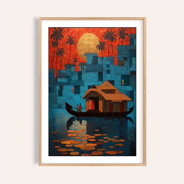 Kerala Wall Art poster of a houseboat on calm water with lily pads and a large sun