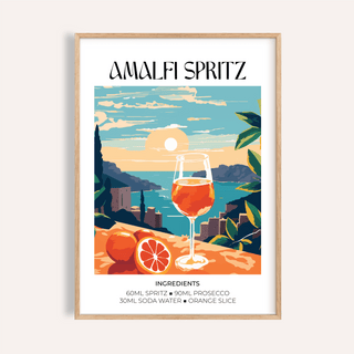 Featured Amalfi Spritz Wall Art poster with coastal sunset, spritz glass, and citrus on a table