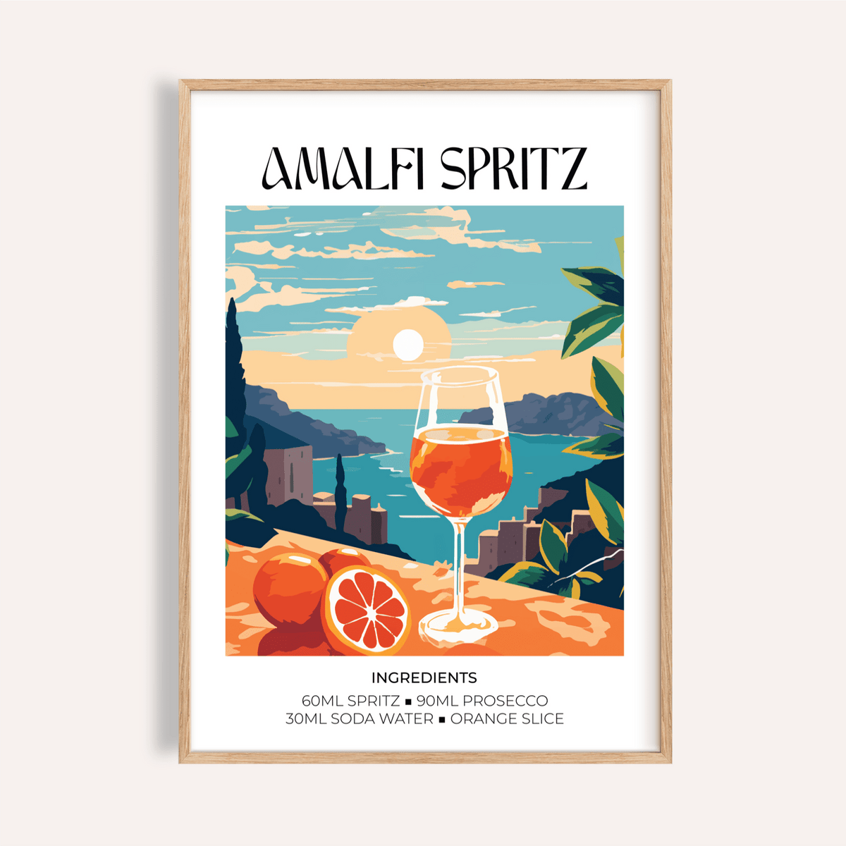 Featured Amalfi Spritz Wall Art poster with coastal sunset, spritz glass, and citrus on a table