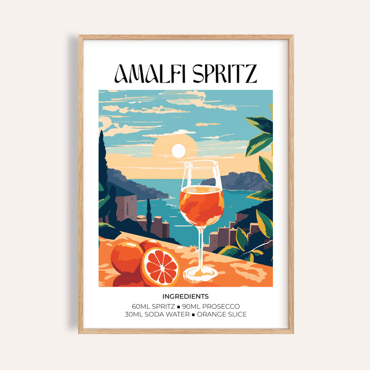 Featured Amalfi Spritz Wall Art poster with coastal sunset, spritz glass, and citrus on a table