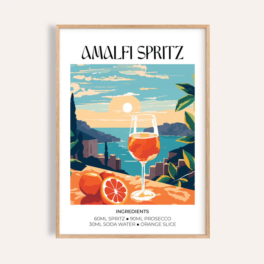 Featured Amalfi Spritz Wall Art poster with coastal sunset, spritz glass, and citrus on a table