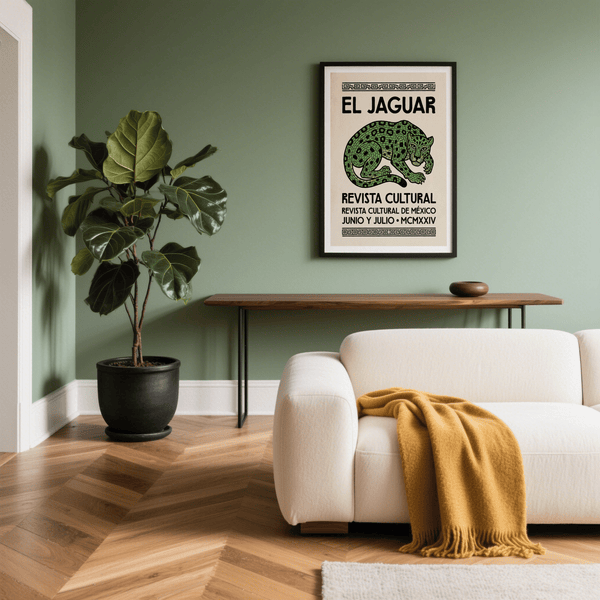 Decorative wall art with crouched big cat graphic and Spanish magazine elements