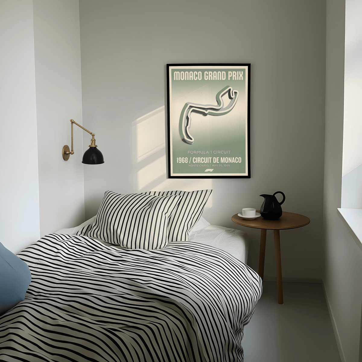 Side view of sleek racing circuit print hung in modern office