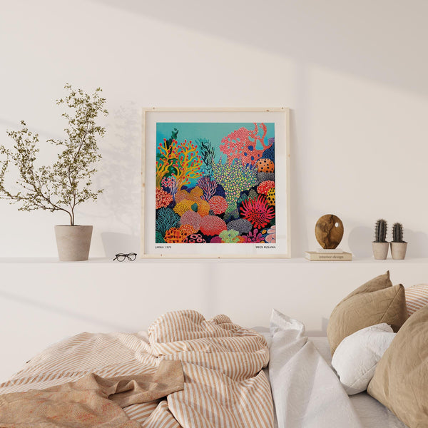 Underwater abstract scene rendered as tropical sea wall art with vibrant colors and dots.