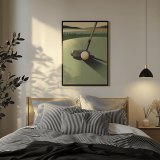 Modern Golf Putter Art Print depicting putter and ball on green with elongated shadow