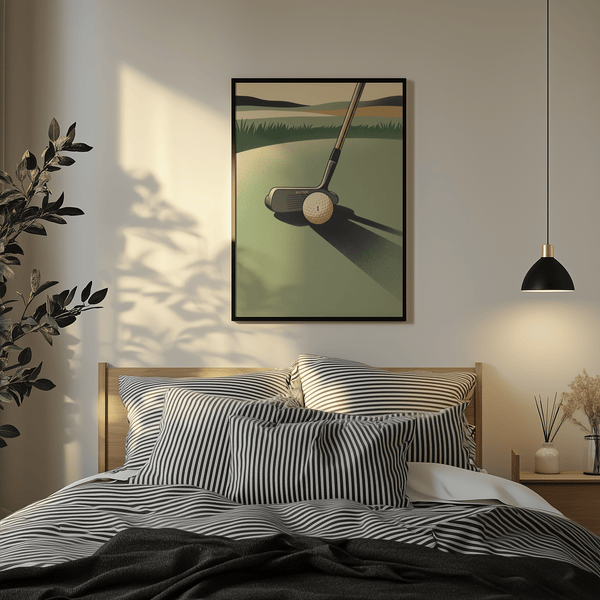 Modern Golf Putter Art Print depicting putter and ball on green with elongated shadow