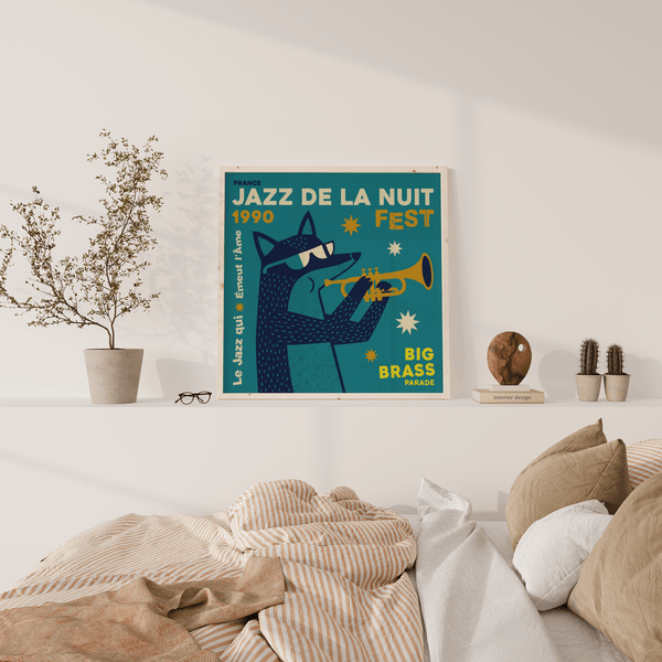 Jazz Festival Art Print vibrant Blue and White for home music corner print