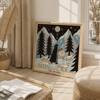 Graphic illustration wall poster of a hermit figure walking in snow with glowing lantern
