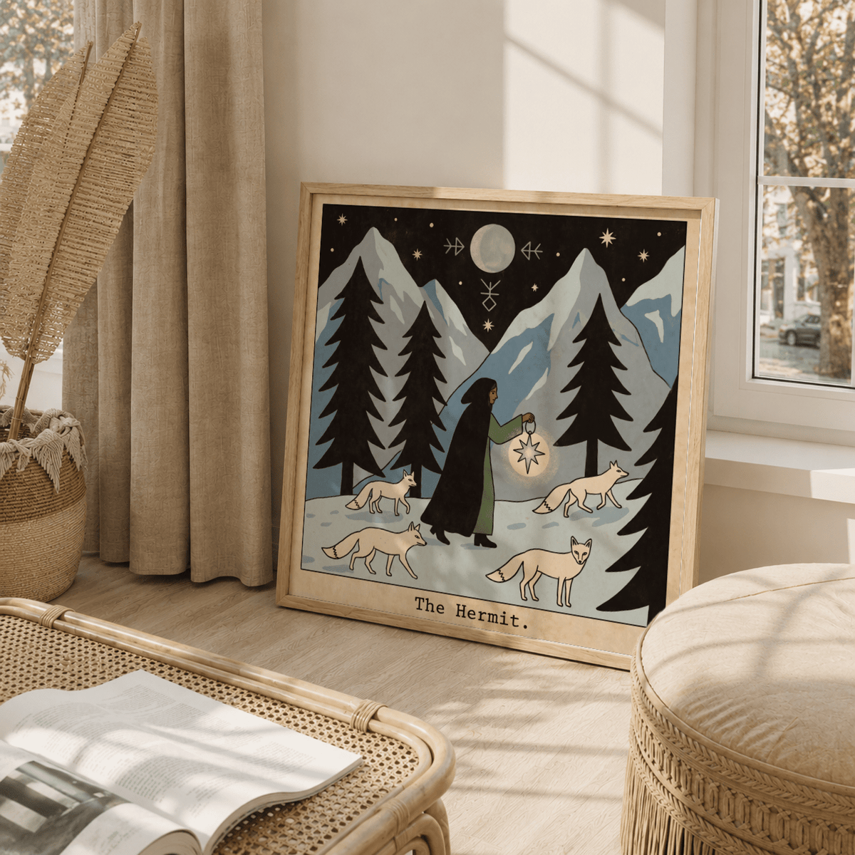 Graphic illustration wall poster of a hermit figure walking in snow with glowing lantern