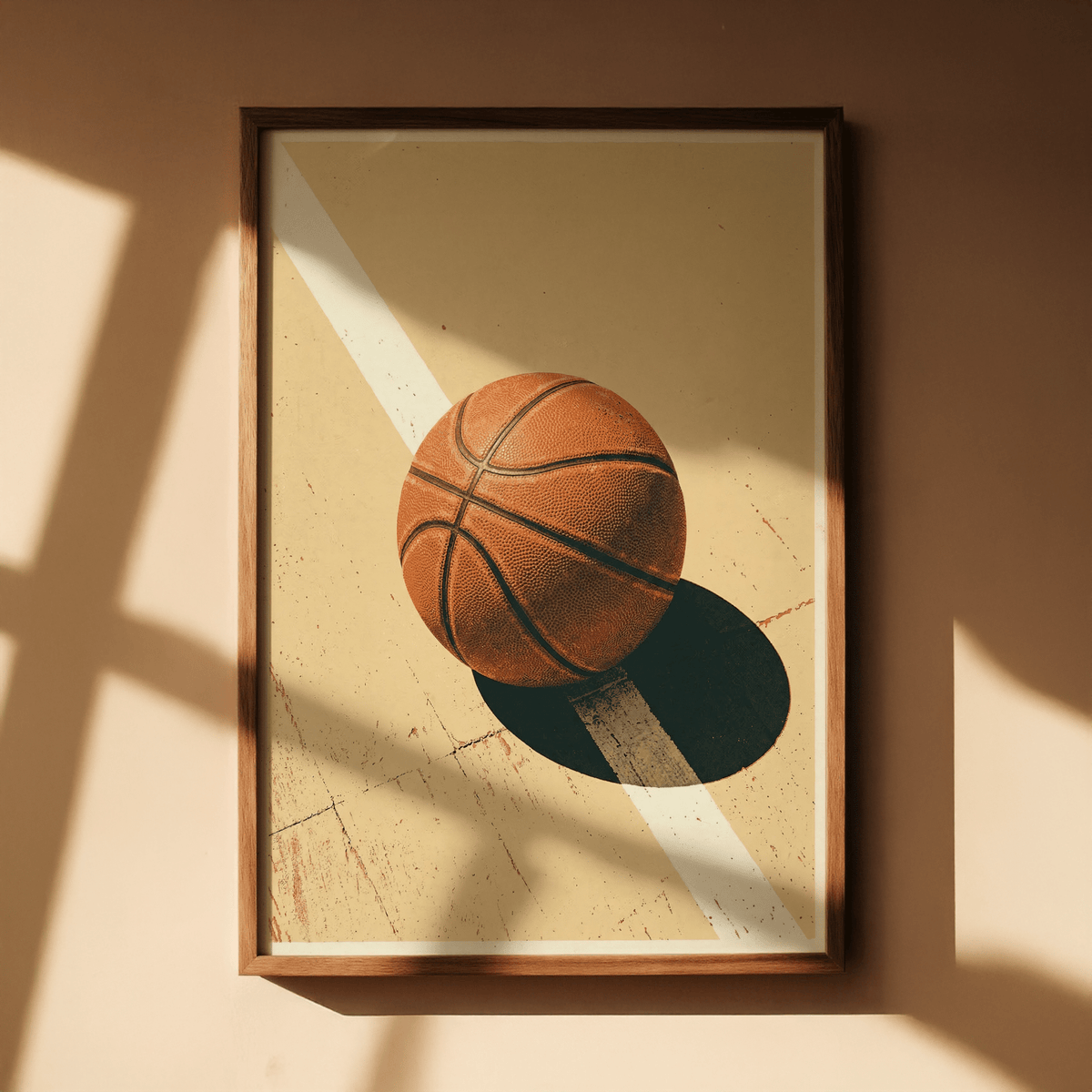 Sports Wall Art basketball print with textured ball, diagonal court stripe, and dark shadow