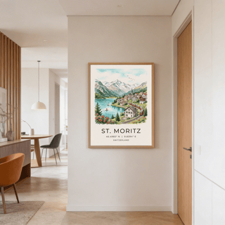 Lakeside Switzerland wall art print with sailboats, paddleboarder, and mountain range