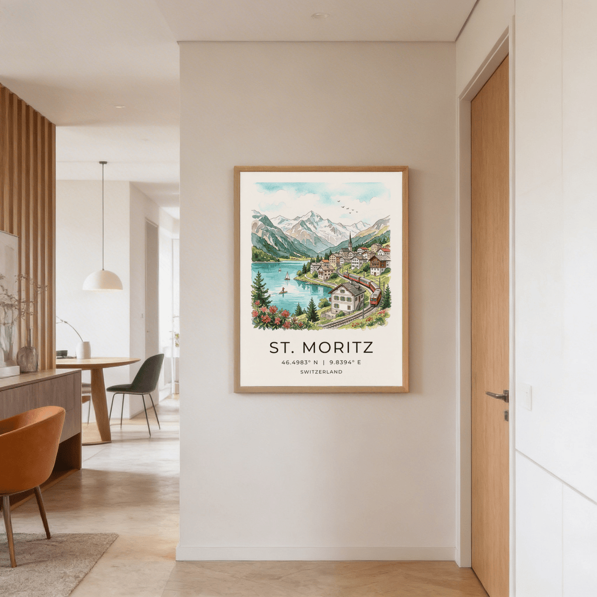 Lakeside Switzerland wall art print with sailboats, paddleboarder, and mountain range