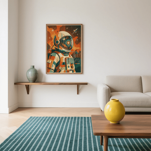 Retro Astronaut Poster in Orange Green motif for hallway wall art