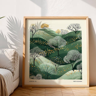 Japandi living room wall art green print with serene hills