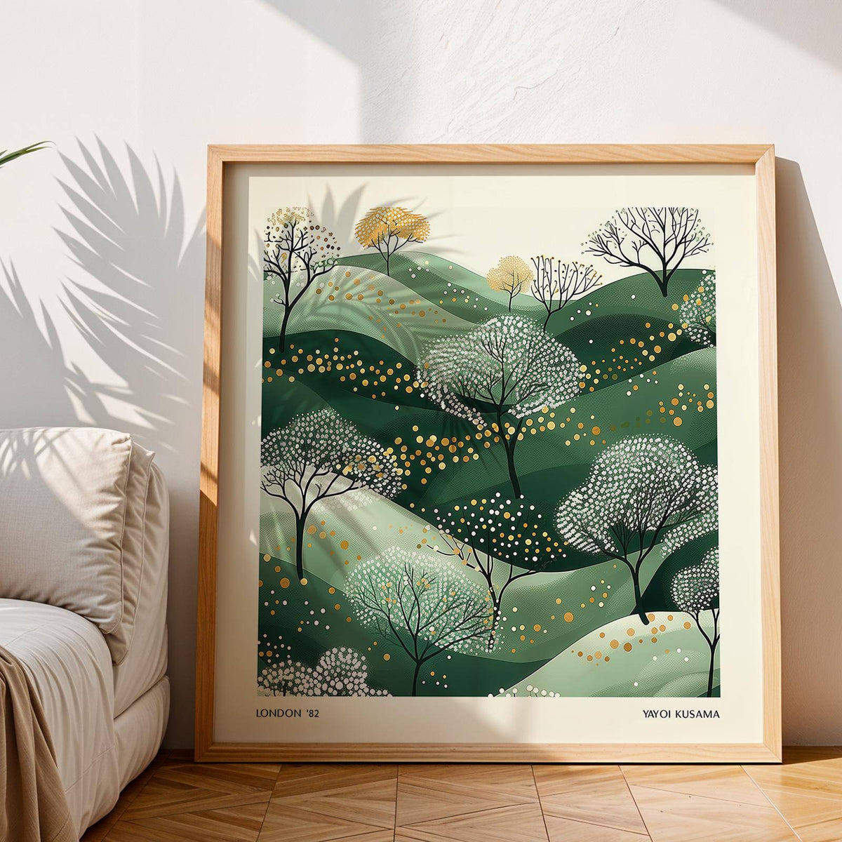 Japandi living room wall art green print with serene hills