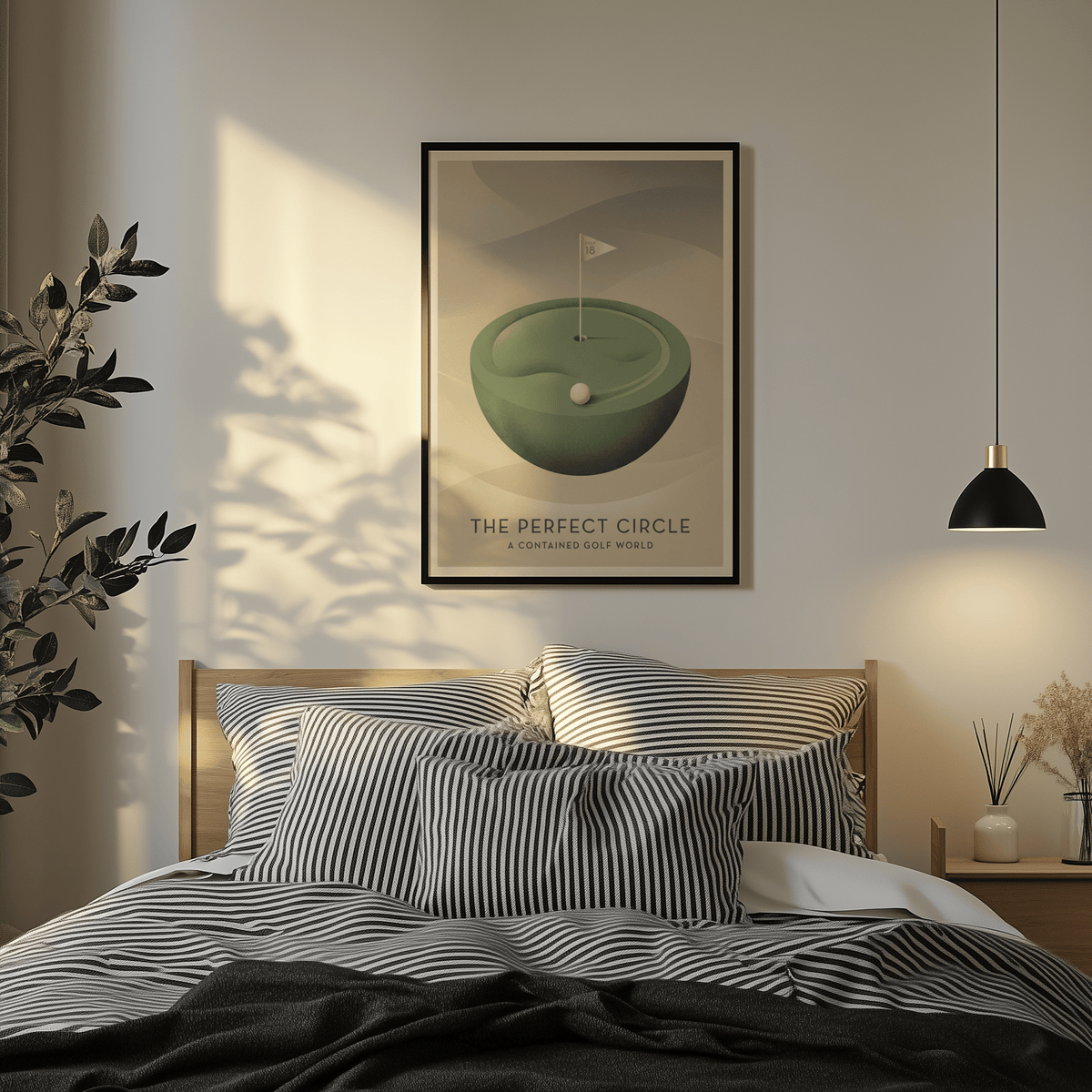 Typography-led golf wall art with “A CONTAINED GOLF WORLD” subtitle