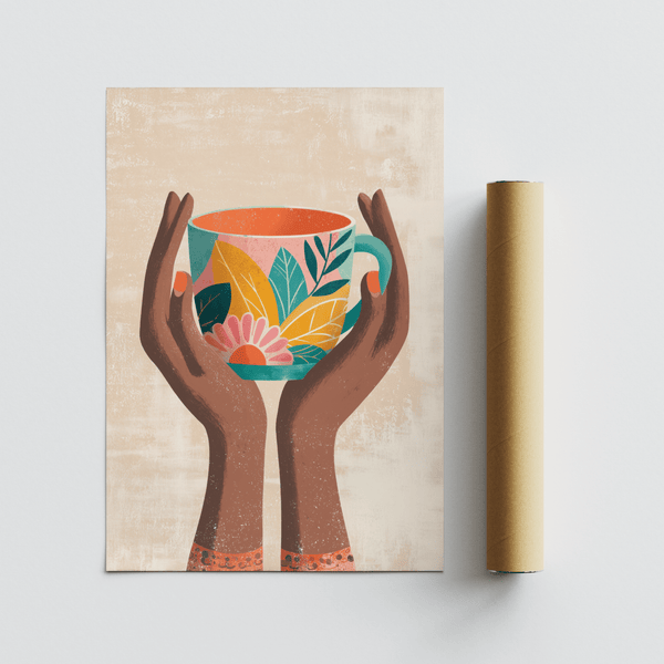 Colorful Mug Art Print highlighted by pink and orange, ideal for kitchen poster