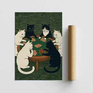 Cat Poker Art Print featuring Green and Black cats ideal for bedroom wall art
