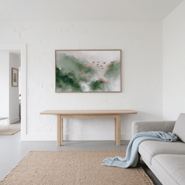 Watercolor Bird Print with Green and Pink, office wall art decor