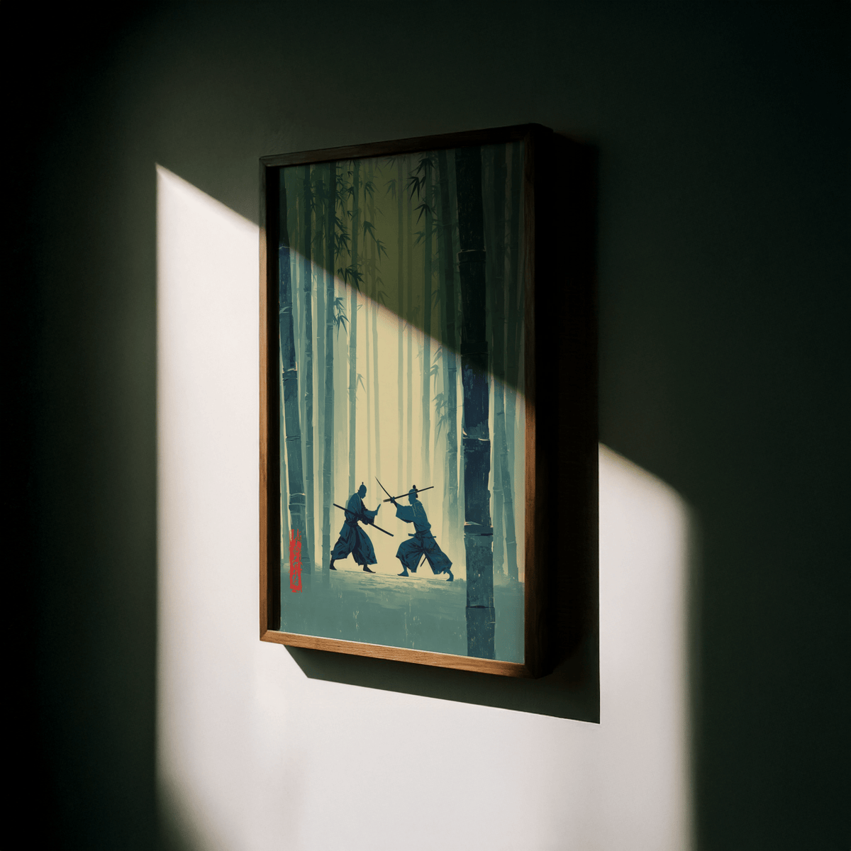 Minimalist bamboo grove duel with two samurai figures in muted hues