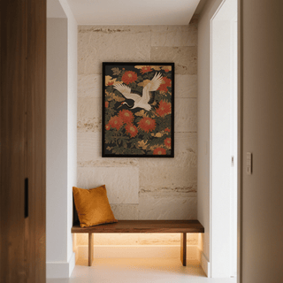 Vibrant Crane Floral Art Print with Red chrysanthemum for modern kitchen wall