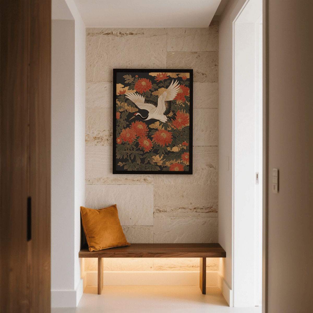 Vibrant Crane Floral Art Print with Red chrysanthemum for modern kitchen wall