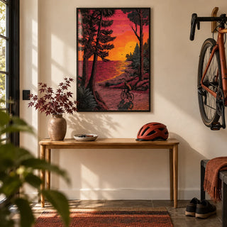 Bicycle Adventure Print, framed on the wall of a characterful hallway with a plain warm white wall