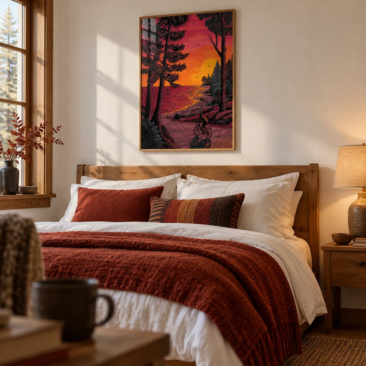 Bicycle Adventure Print, framed on the wall of a cosy cabin-style bedroom with a plain white wall