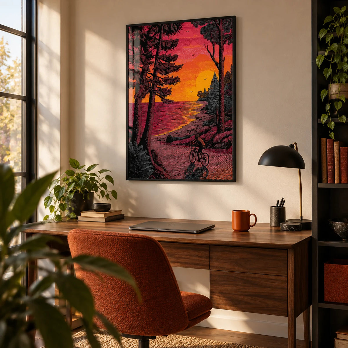 Bicycle Adventure Print, framed on the wall of a home office