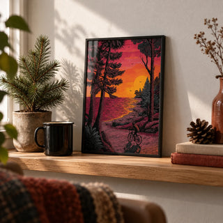 Bicycle Adventure Print, a small A4 framed print leaning on an oak shelf in a living room