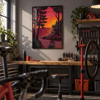 Bicycle Adventure Print, framed on the wall of a tidy garage bike workshop with grey painted walls