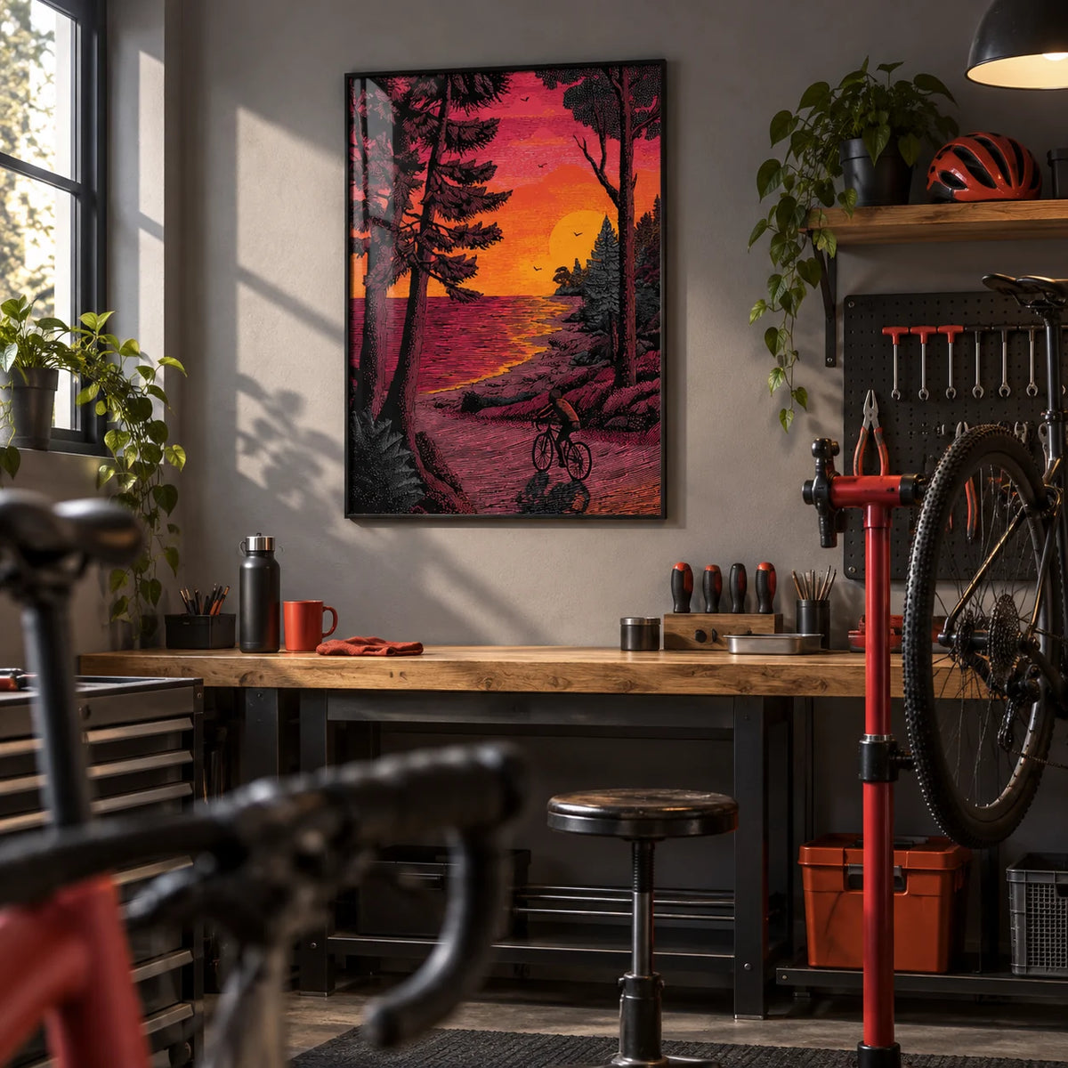 Bicycle Adventure Print, framed on the wall of a tidy garage bike workshop with grey painted walls